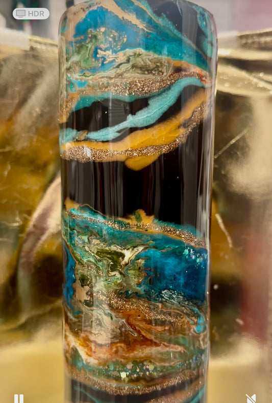 30 Oz Tumbler Teals, Black with Gold Swirls