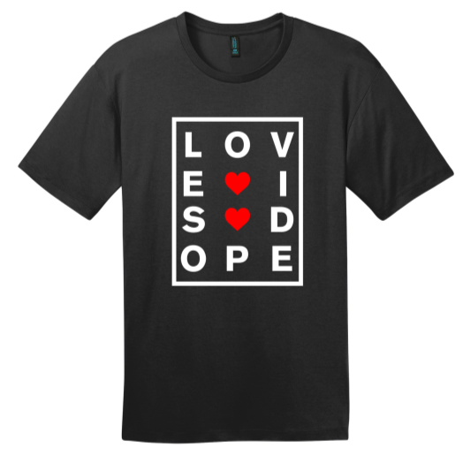 Black T-Shirt featuring "LOVE IS DOPE" text in white with red heart accents, enclosed in a bold white square design.